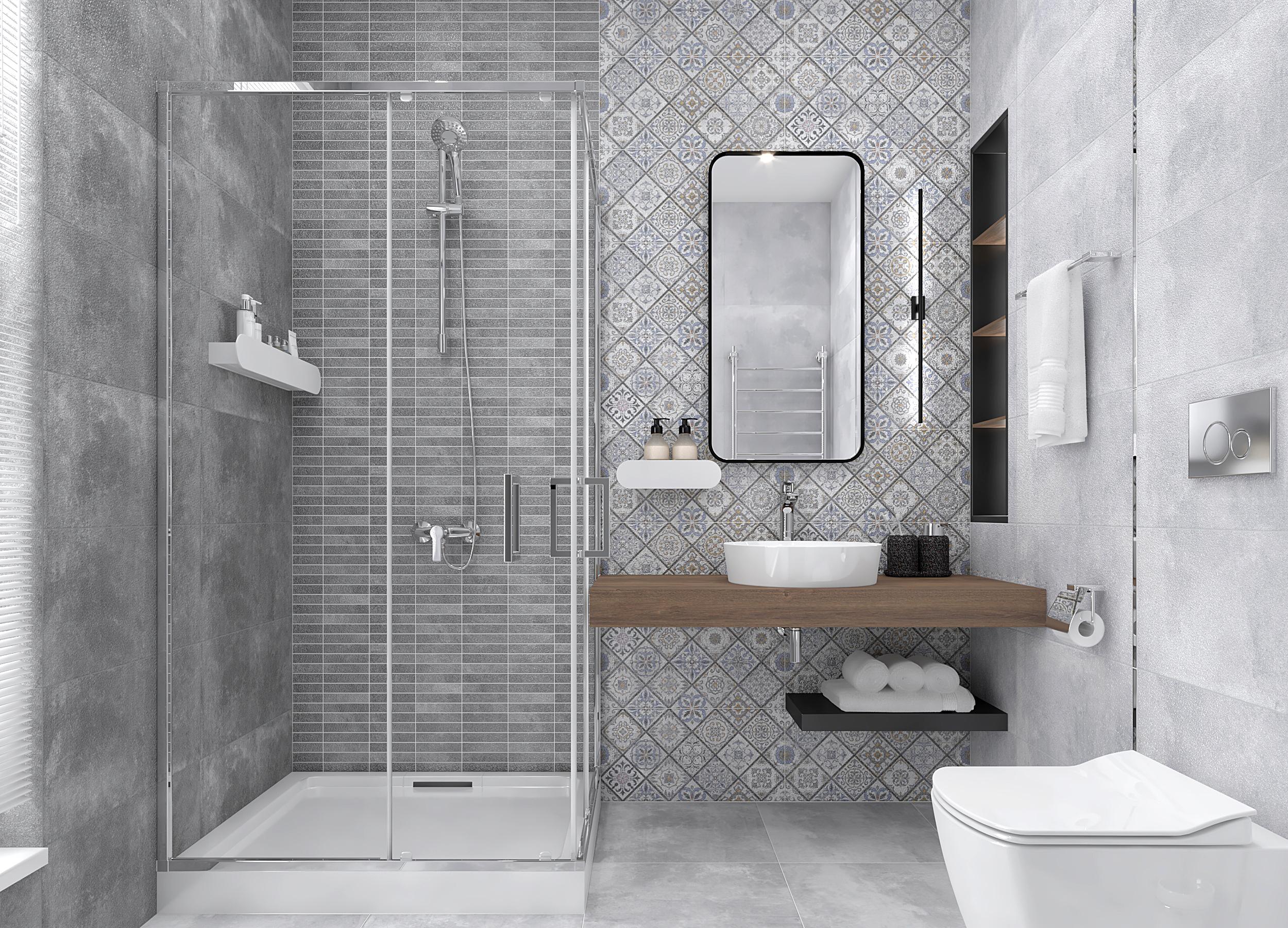 дизайн ванной комнаты с серой мозаикой