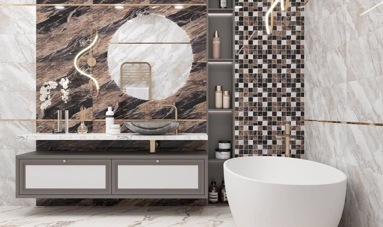 Смелый дизайн ванной комнаты: укладка плитки с необычной геометрией